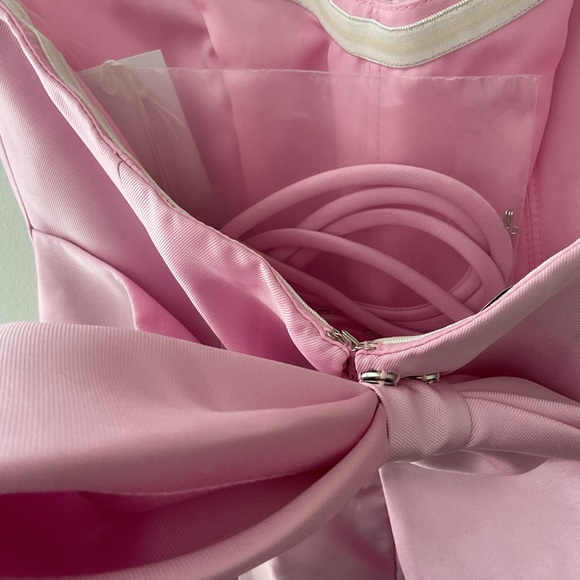 ALFRED SUNG Strapless A-Line Modern Bow Pockets Satin Pink Maxi Dress NWT size 0 - Picture 10 of 15